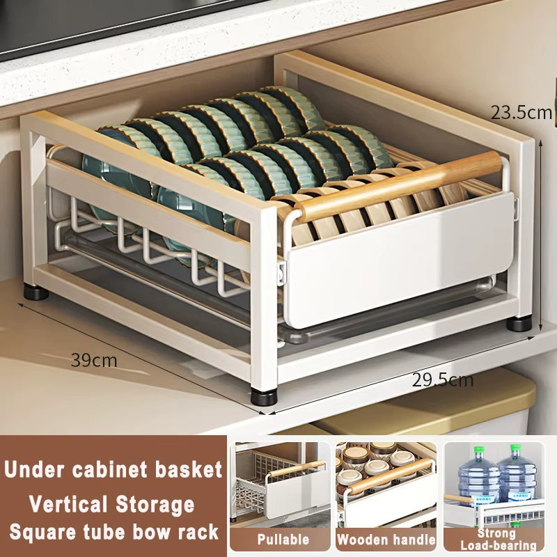 Under Sink Storage Rack Pull Out Cabinet Organizer Kitchen Sliding Drawer Storage Basket Handle Bowl Plate Rack Holder Shelves