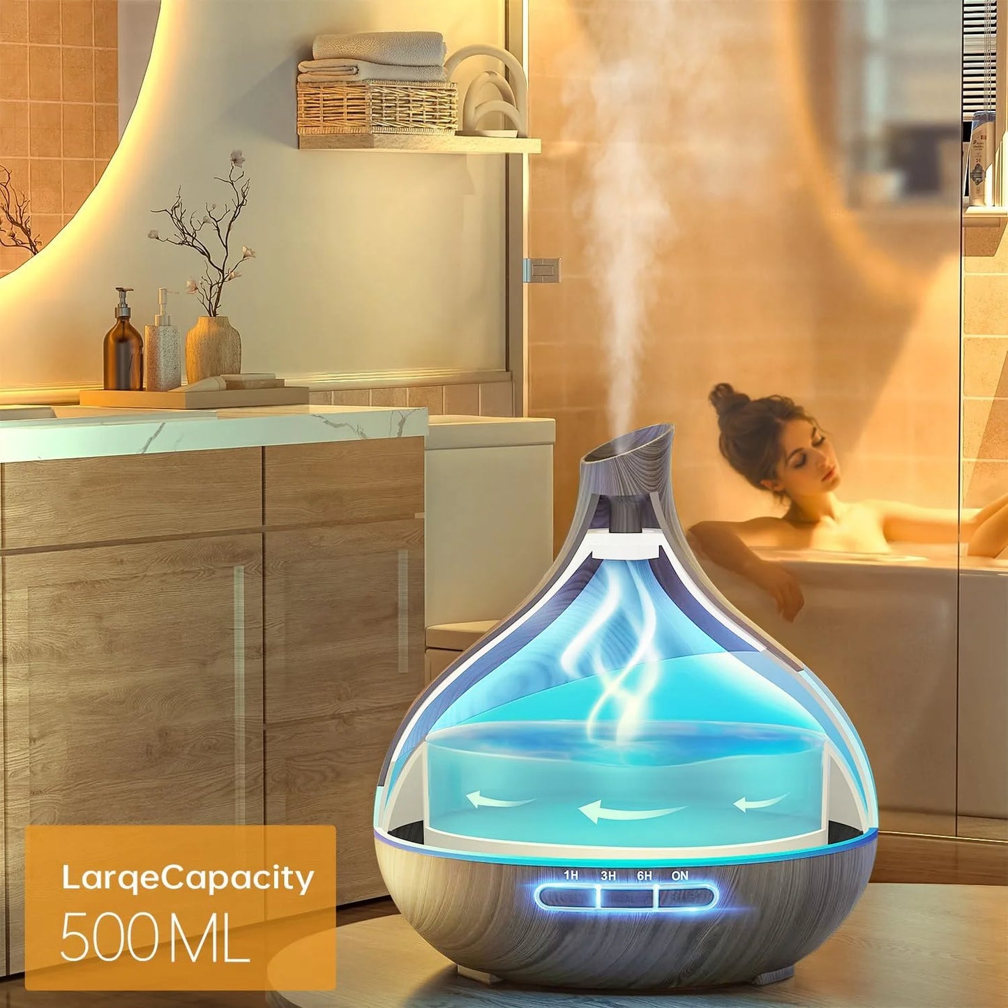 550Ml Essential Oil Diffuser, Gray Wood Grain Oil Diffuser with 14 Color Lights 4 Timer Setting Remote Control Cool Mist Humidifier for Large Room Bedroom