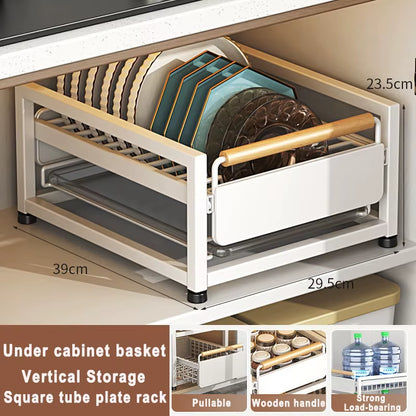 Under Sink Storage Rack Pull Out Cabinet Organizer Kitchen Sliding Drawer Storage Basket Handle Bowl Plate Rack Holder Shelves