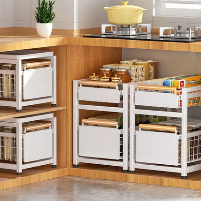 Under Sink Storage Rack Pull Out Cabinet Organizer Kitchen Sliding Drawer Storage Basket Handle Bowl Plate Rack Holder Shelves