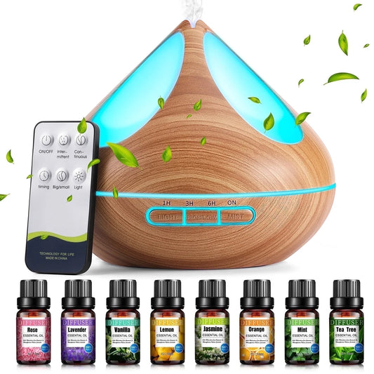 500Ml Essential Oil Diffuser with 8*10Ml Essential Oils Set, Woodgrain Aromatherapy Oil Diffusers with Remote Control, Fragrance Air Humidifier Vaporizer for Large Room Bedroom Office