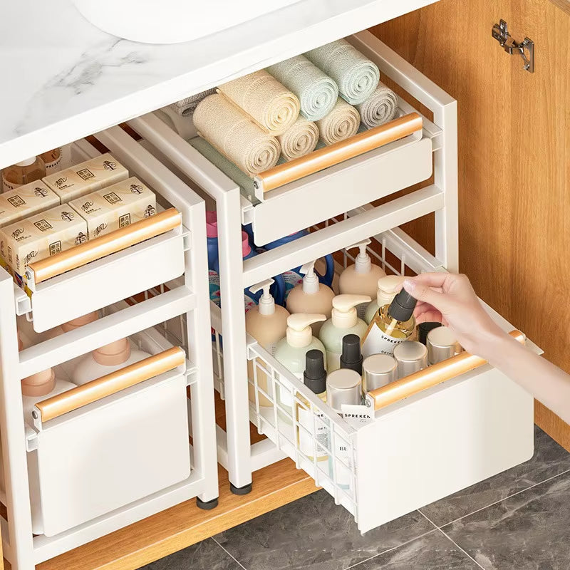 Under Sink Storage Rack Pull Out Cabinet Organizer Kitchen Sliding Drawer Storage Basket Handle Bowl Plate Rack Holder Shelves
