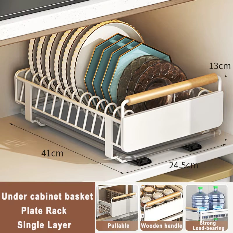 Under Sink Storage Rack Pull Out Cabinet Organizer Kitchen Sliding Drawer Storage Basket Handle Bowl Plate Rack Holder Shelves