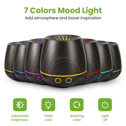 Essential Oil Diffuser, 120Ml Aromatherapy Diffuser, Wood Grain Aroma Humidifier with 7 Colors Lights, 2 Mist Mode, Waterless Auto Shut-Off for Large Room Bedroom Office Car