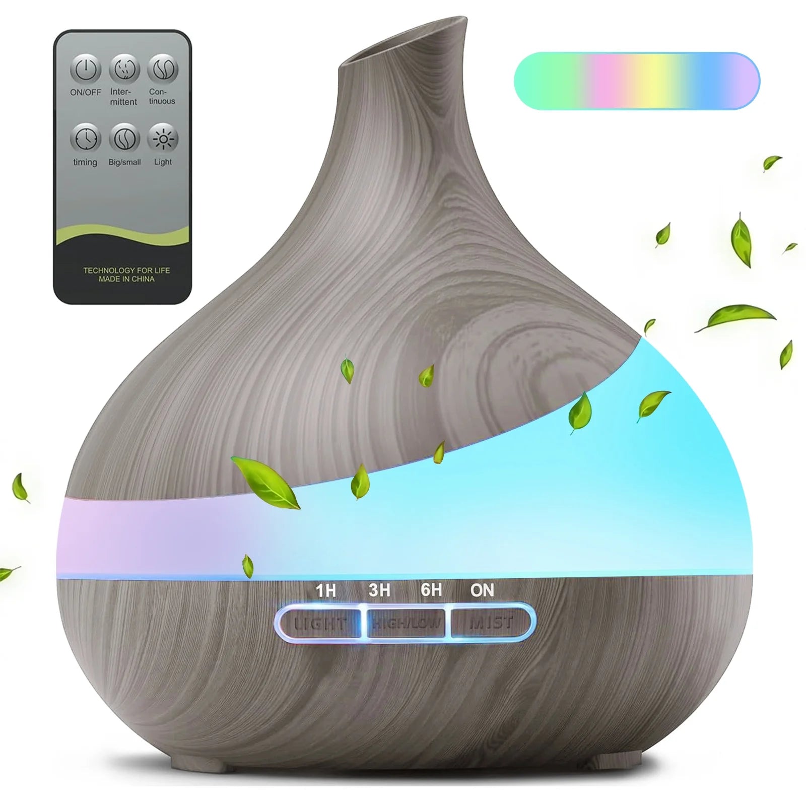 550Ml Essential Oil Diffuser, Gray Wood Grain Oil Diffuser with 14 Color Lights 4 Timer Setting Remote Control Cool Mist Humidifier for Large Room Bedroom