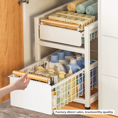 Under Sink Storage Rack Pull Out Cabinet Organizer Kitchen Sliding Drawer Storage Basket Handle Bowl Plate Rack Holder Shelves