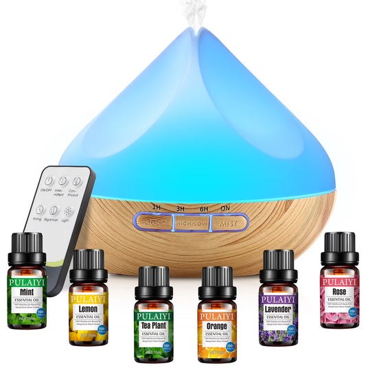 500Ml Essential Oil Diffuser with 6*10Ml Essential Oils Set, Flower Aromatherapy Diffusers with Remote Control, Aroma Fragrant Oil Air Humidifier Vaporizer for Large Room Bedroom Office