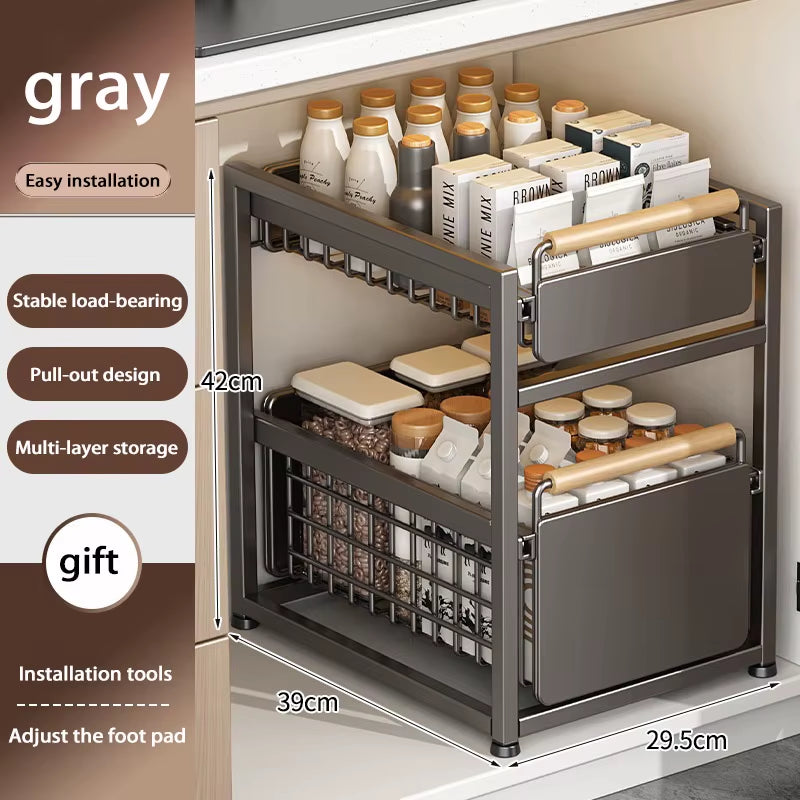 Under Sink Storage Rack Pull Out Cabinet Organizer Kitchen Sliding Drawer Storage Basket Handle Bowl Plate Rack Holder Shelves