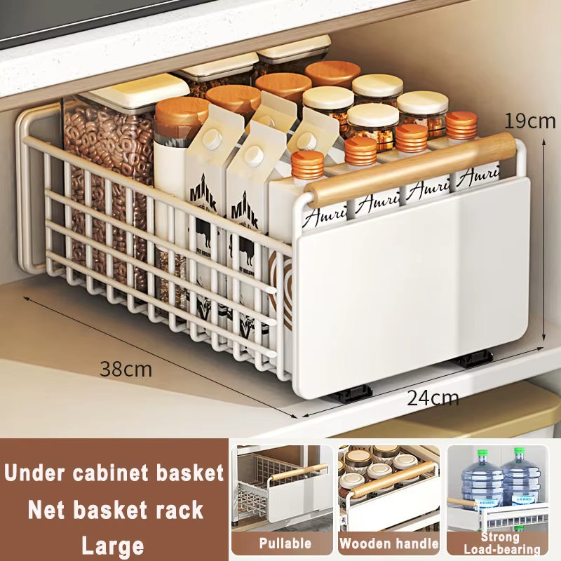 Under Sink Storage Rack Pull Out Cabinet Organizer Kitchen Sliding Drawer Storage Basket Handle Bowl Plate Rack Holder Shelves