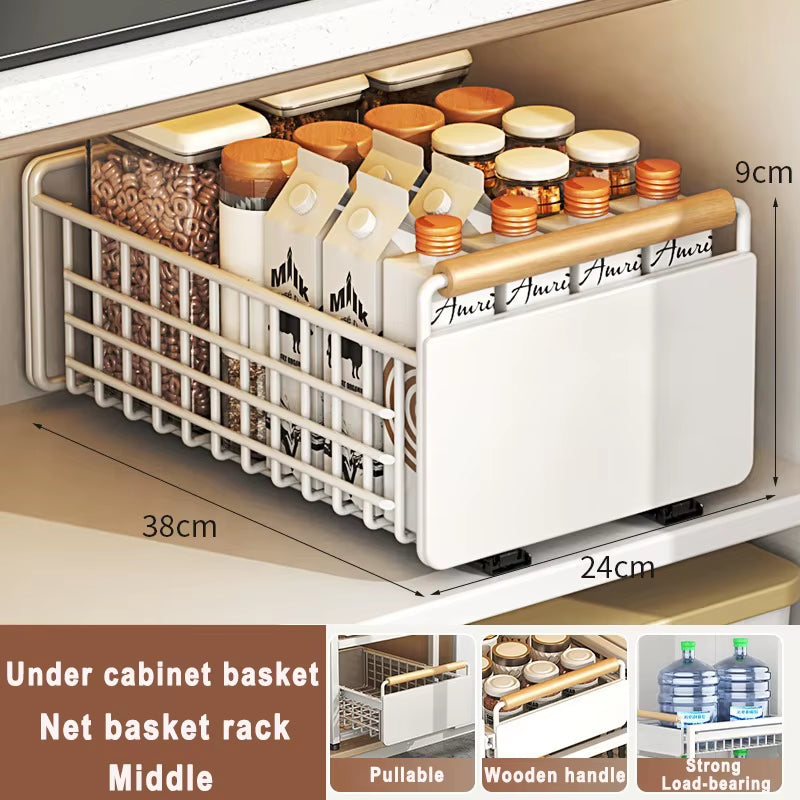Under Sink Storage Rack Pull Out Cabinet Organizer Kitchen Sliding Drawer Storage Basket Handle Bowl Plate Rack Holder Shelves